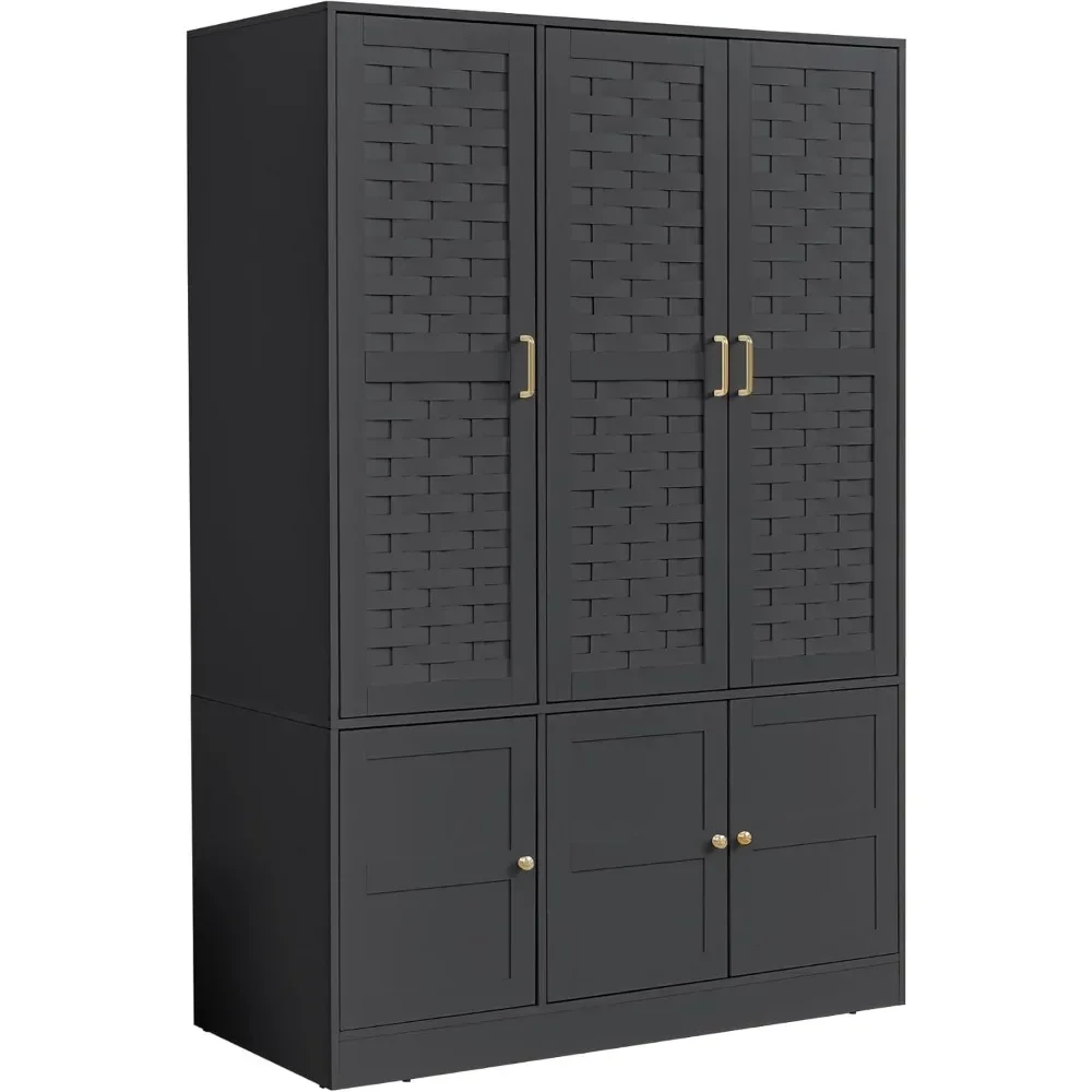 Black Wardrobe Closet with 6 Woven Doors, Large Armoire Wardrobe Cabinet with Adjustable Shelves and Hanging Rail, Freestanding