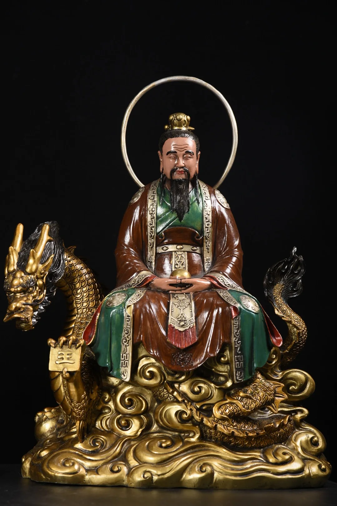 17 "مجموعة معبد التبت القديمة المطلية بالبرونز سانتشينغ البطريرك لورد لاو زي ثلاثة الخالدون الوحش الإلهي الخلفي قاعة العبادة
