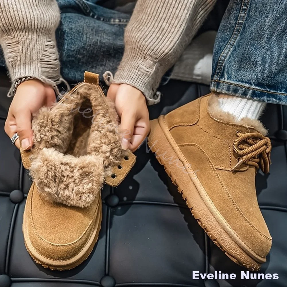 Men Khaki Suede Lace-up Winter Ankle Boots Round Toe Faux Fur Lining Thick Platform Boots Non-slip Sole Warm Casual Snow Boots