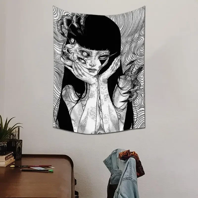VIKAMA Dark Surreal Art Tapestry Black White Gothic Girl Multiple Eyes Claw Hands Creepy Wall Hanging Bedroom Decor
