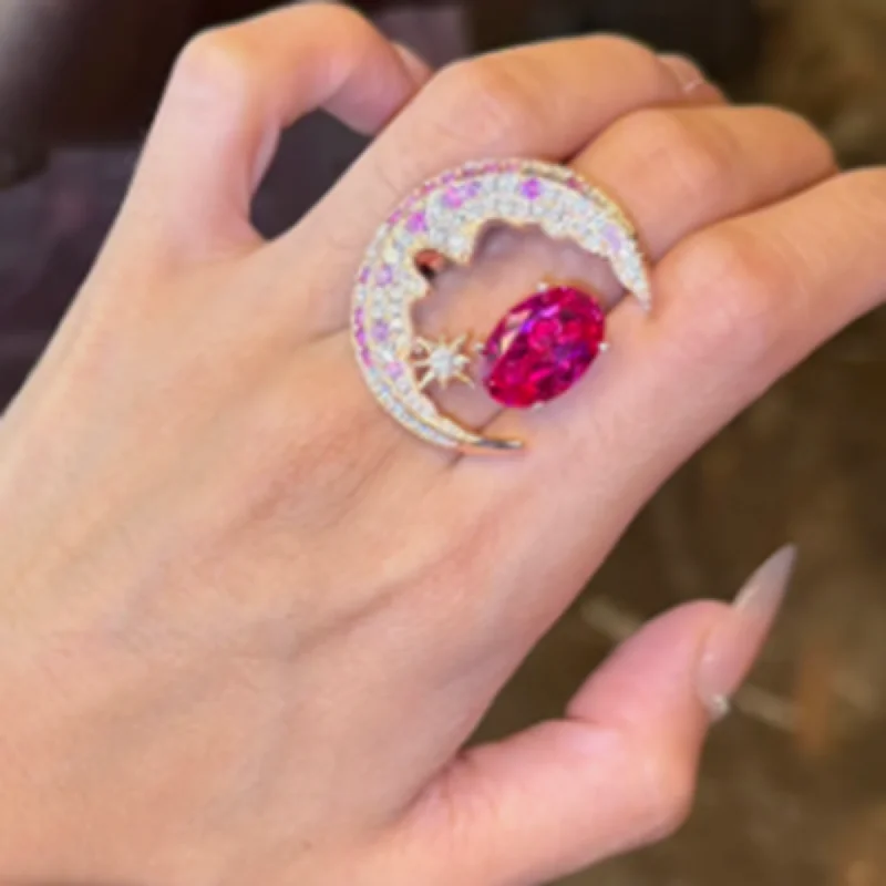 KQDANCE Pink Gemstone Moon Star Unique Design 925 Sterling Silver Zircon Fashion Ring Fine Jewelry For Women