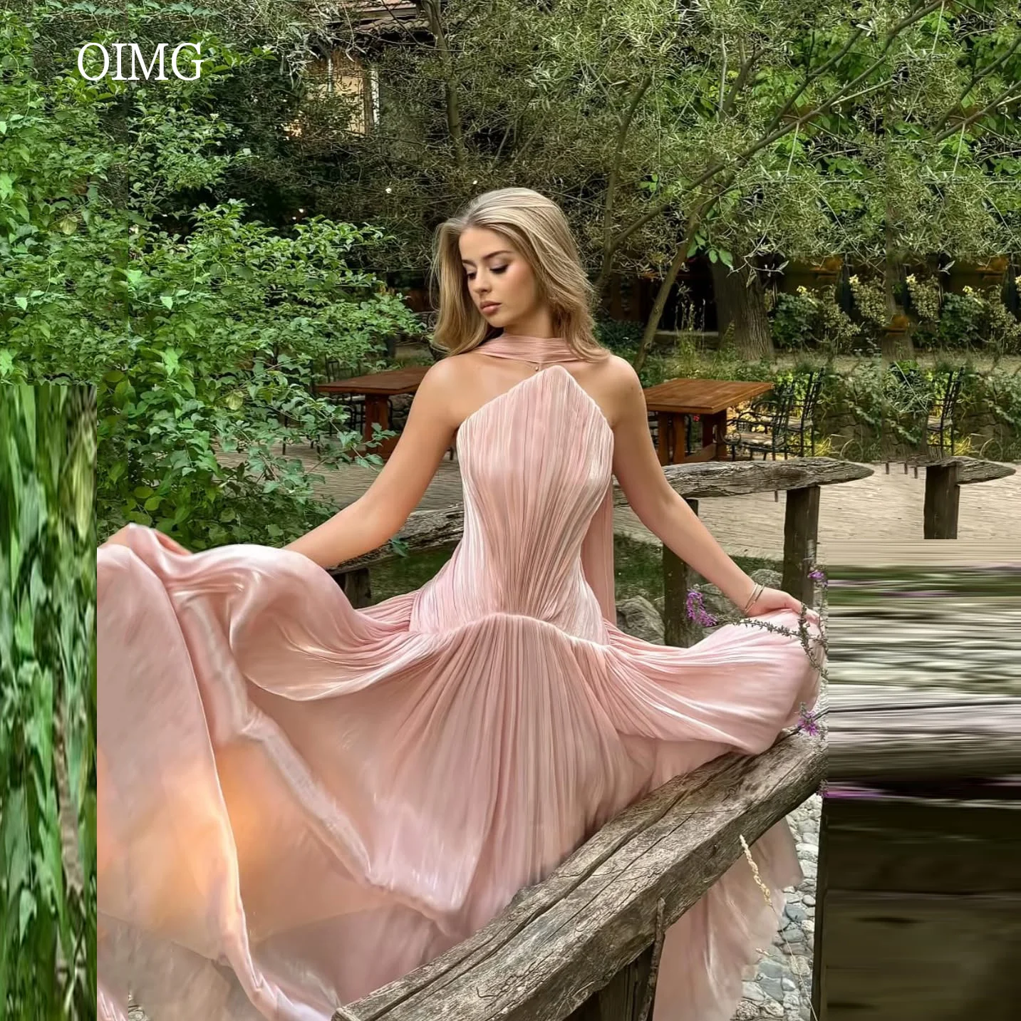 

OIMG Shiny Pink Strapless A Line Prom Gowns Backless Pleated Party Gown Floor Length Evening Dress vestidos de gala Customized