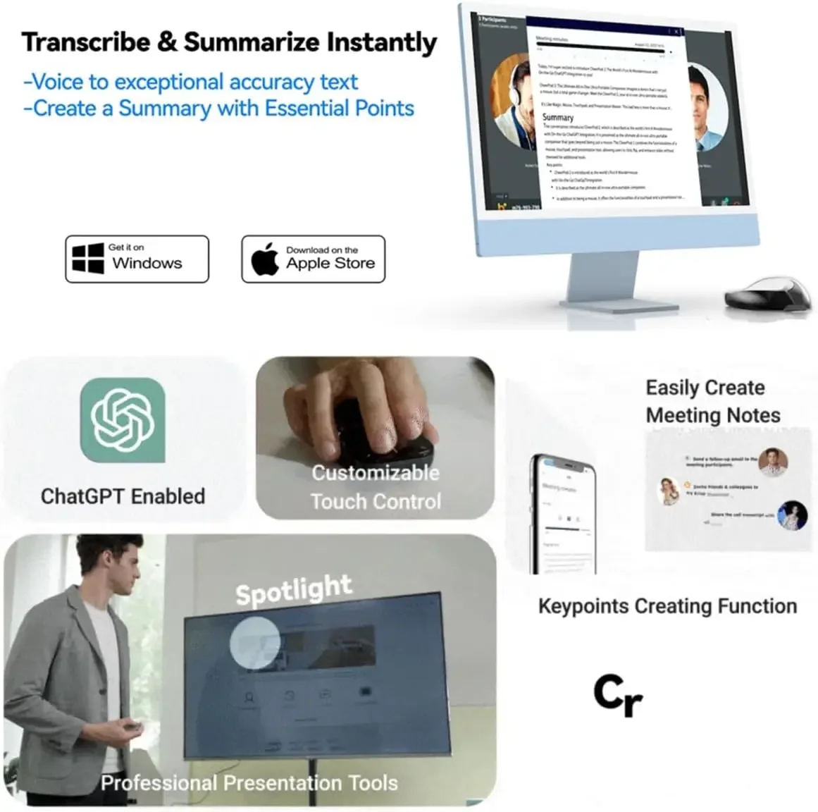 Hot AI Mouse Voice Recorder with Touchpad Detachable Air Operation PowerPoint Presentations Remote Transcribe Summarize by AI