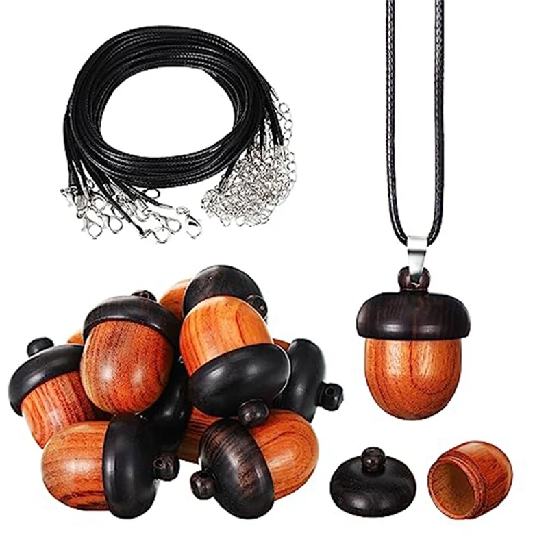 10 Pcs Wood Nut Acorn Pendant Wood Acorn Charms with 10 Pcs Black Waxed Necklace Cord for DIY Accessories Pendant