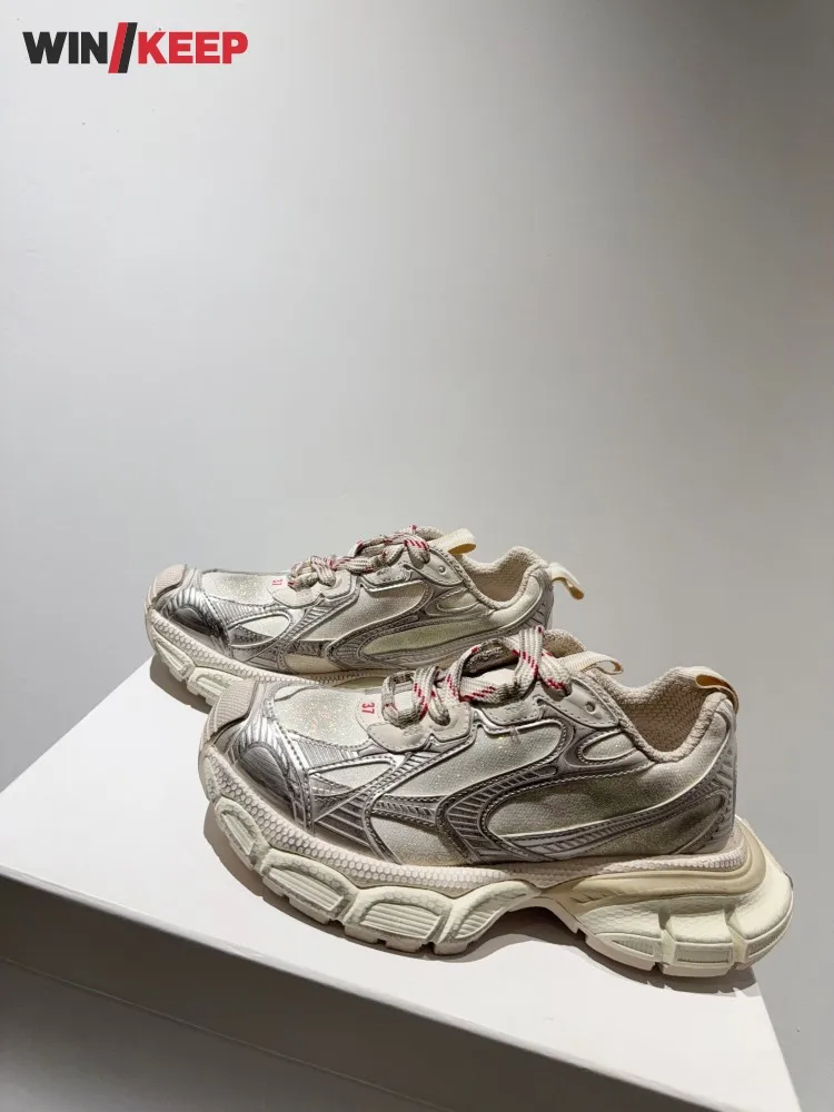 

Outdoor Women Lace Up Breathable Mesh Spliced Genuine Leather Thick Platform Running Shoes Joggers Training Shoes Sport Sneakers