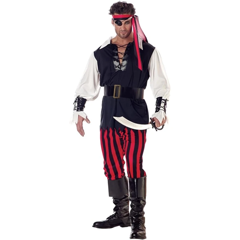 Halloween Pirate Costumes Pirate Bandana Eye Patch Tops Pants and Belt 5 Pcs Set for Cosplay & Party view 3