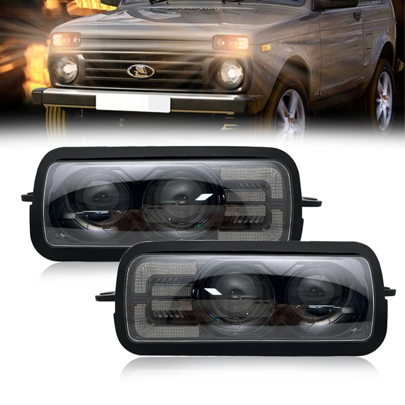 2PCS 80W LED Fog Light Headlight With Turn Signal DRL for Lada Niva Urban 4x4 Aluminum Housing DOT E-mark E9 Approved .