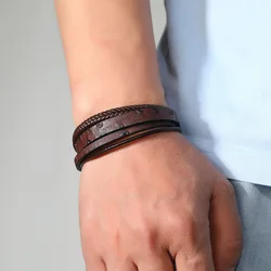 Vintage Trendy Leather Braided Bracelet For Men Magnetic Charm Steampunk Rock Mens Bracelet Cuff Bangle Pulsera Hombre
