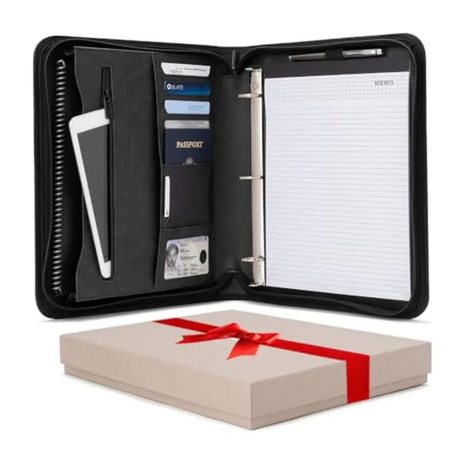 

Padfolio Binder - Professional Faux Leather Travel Organizer Pouch for Tablet Documents Presentation Folders Zipper Closure Rem