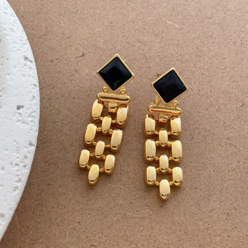 

Minar New Fashion Black Enamel Wide Hollow Link Chain Long Dangle Earrings for Women Real Gold Plated Copper Statement Jewelry
