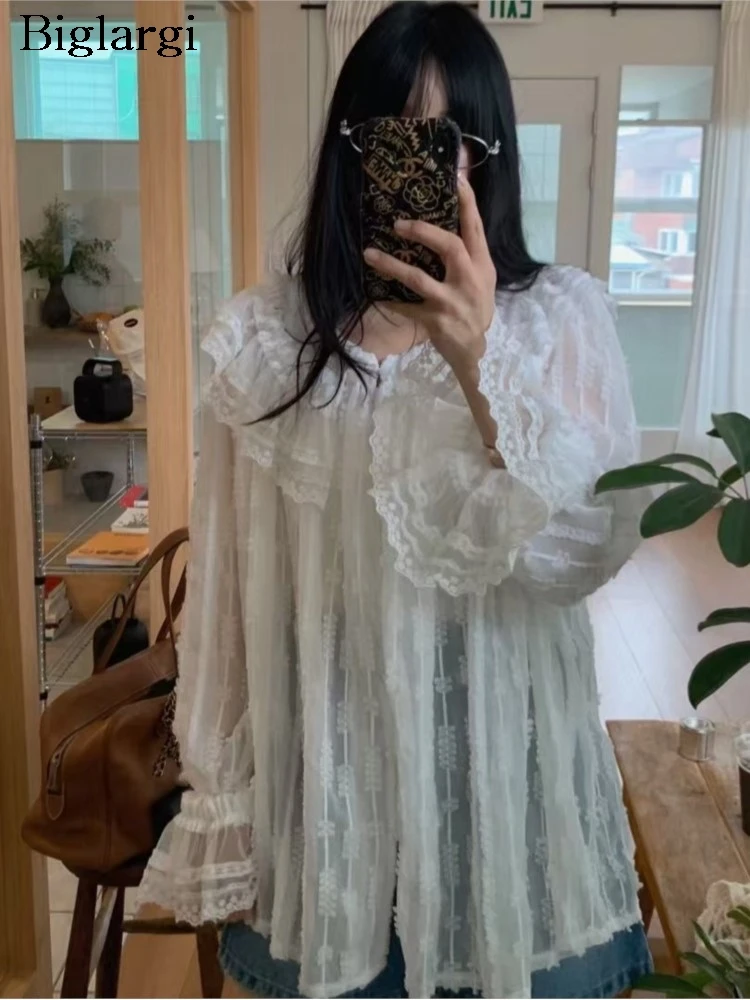 

Spring Summer Shirts Tops Women See Through Fashion Sweet Ruffle Ladies Blouses Loose Pleated Korean Style Woman Shirts Coats