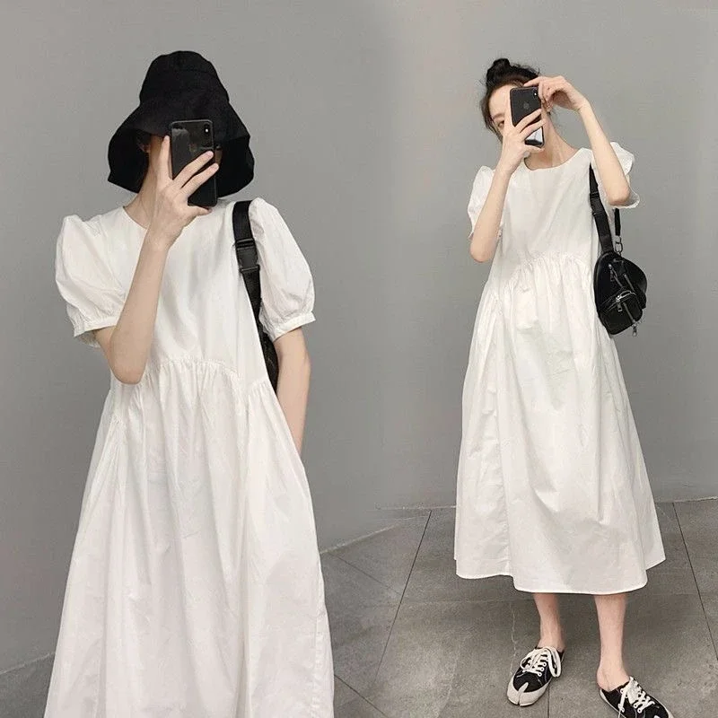 

Casual Simple Pocket O-neck Dress Summer Puff Short Sleeve A-line Dress Versatile Elegant Solid Loose White Dress Vestidos 27496