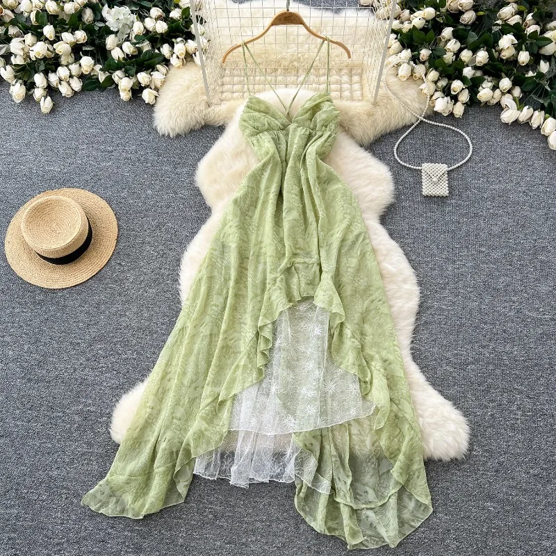 Elegant V-neck Straps Vintage Sleeveless Chic Asymmetrical Ruffles Backless Slim Dresses French Vacation Women Fashion Clothing