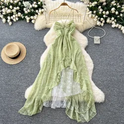 Elegant V-neck Straps Vintage Sleeveless Chic Asymmetrical Ruffles Backless Slim Dresses French Vacation Women Fashion Clothing