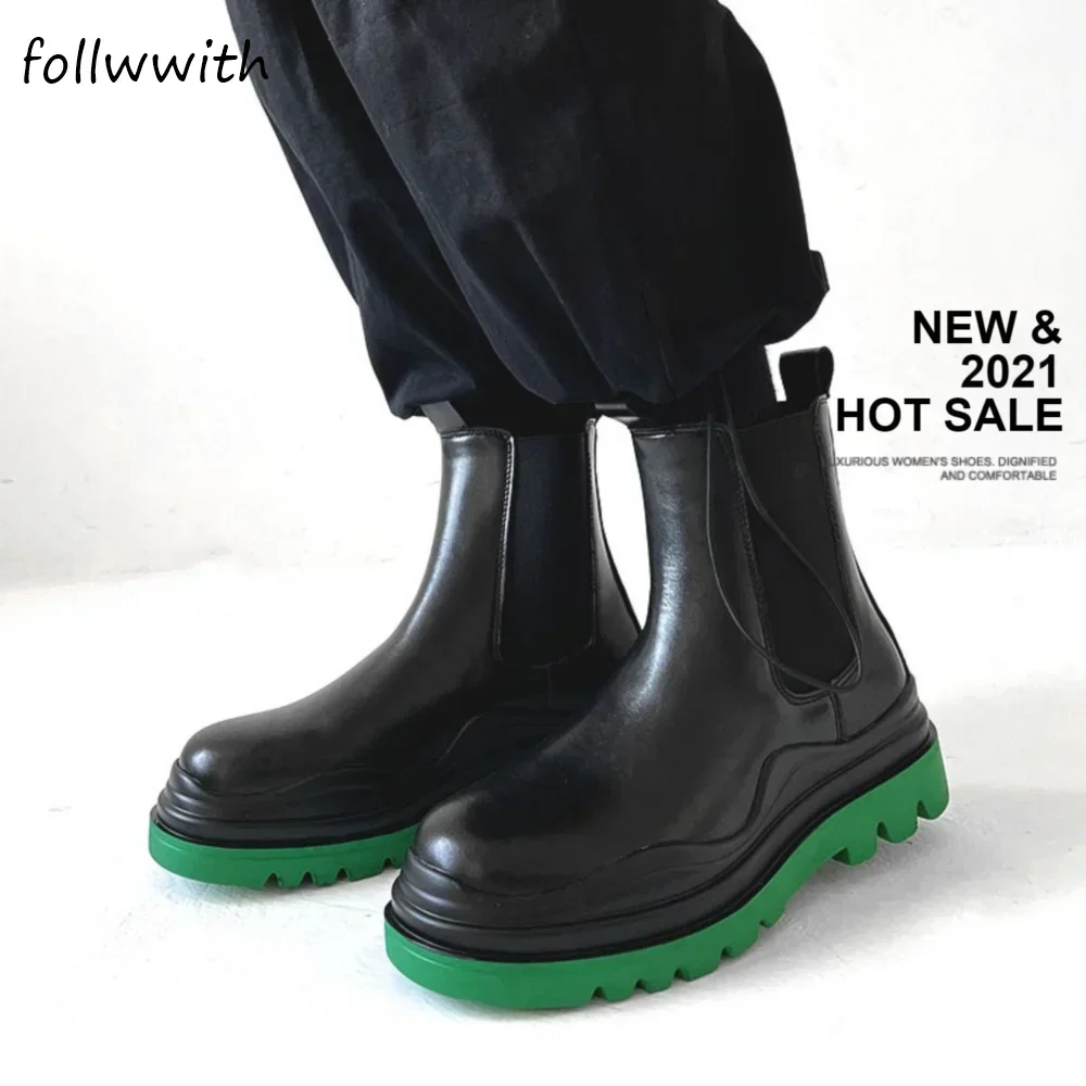 

Black Leather Chelsea Boots Men/women Round Toe Green Soles mid-calf British Style fashion Boots Slip-on 2024 New rain boots