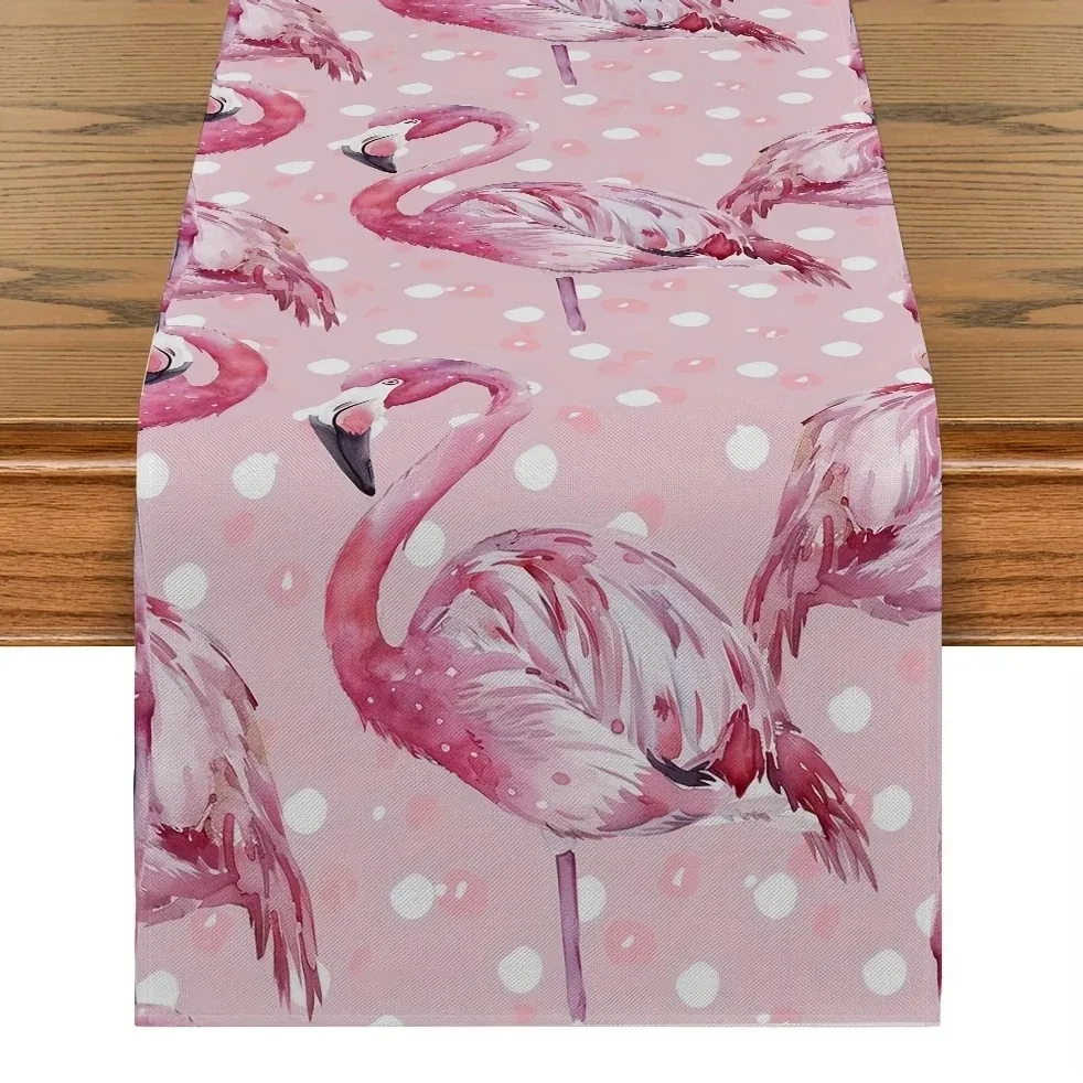 Watercolor Flamingo Table Runner Pink White Polka Dot Tropical Animal Print Dining Table Decor For Summer Party Home Decoration