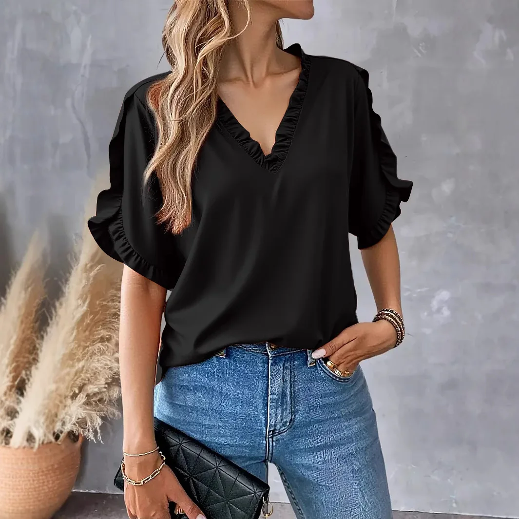 Été Simple couleur ort Sve v-ne irt femmes haut dentelle florale ourlet trajet Sle Polyester tissu Blouse