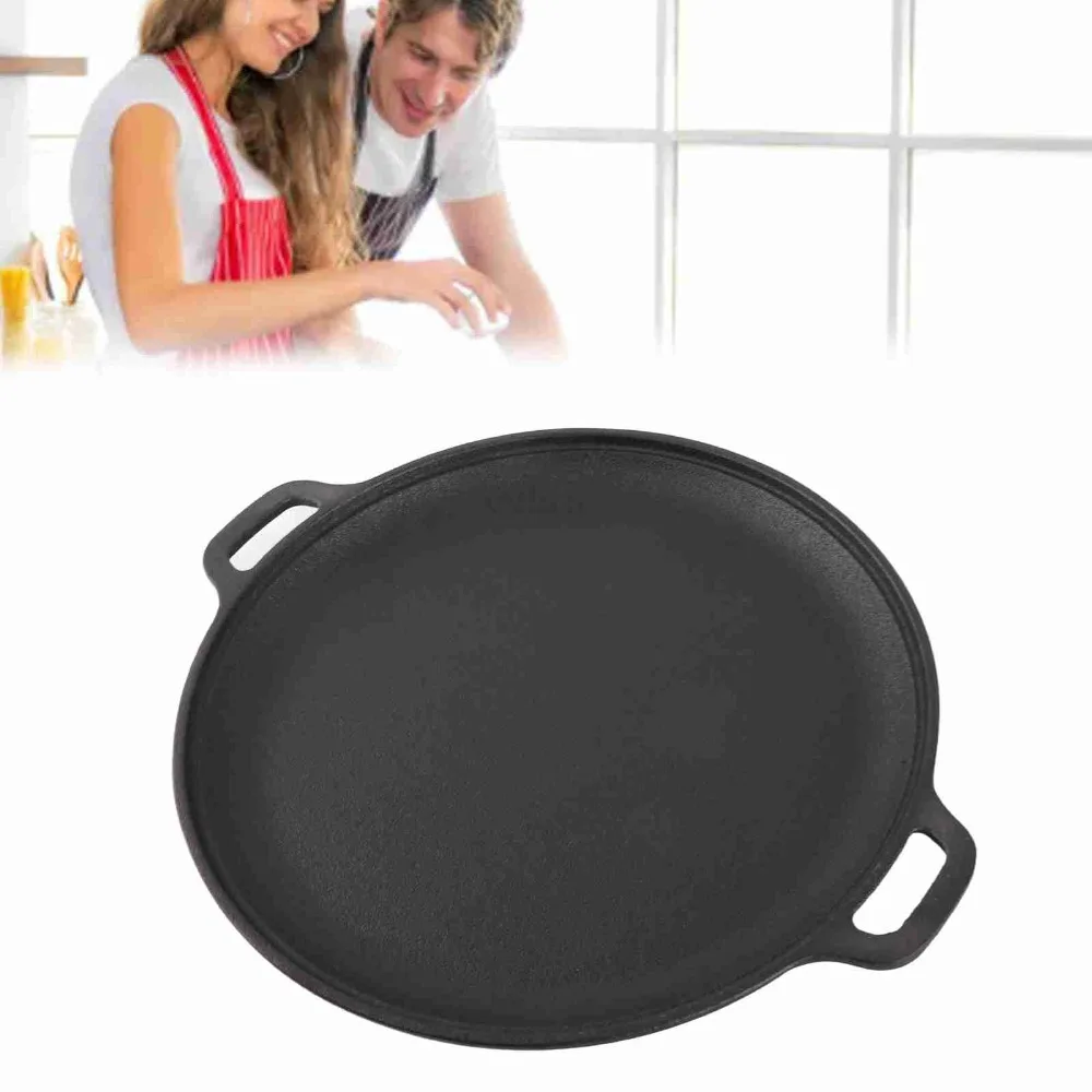 Practical Cast Iron Cast Iron Skillet Round Shape Double Loop Handles Pizza Pan Even Heating Black Frying Pan Home Kitchen