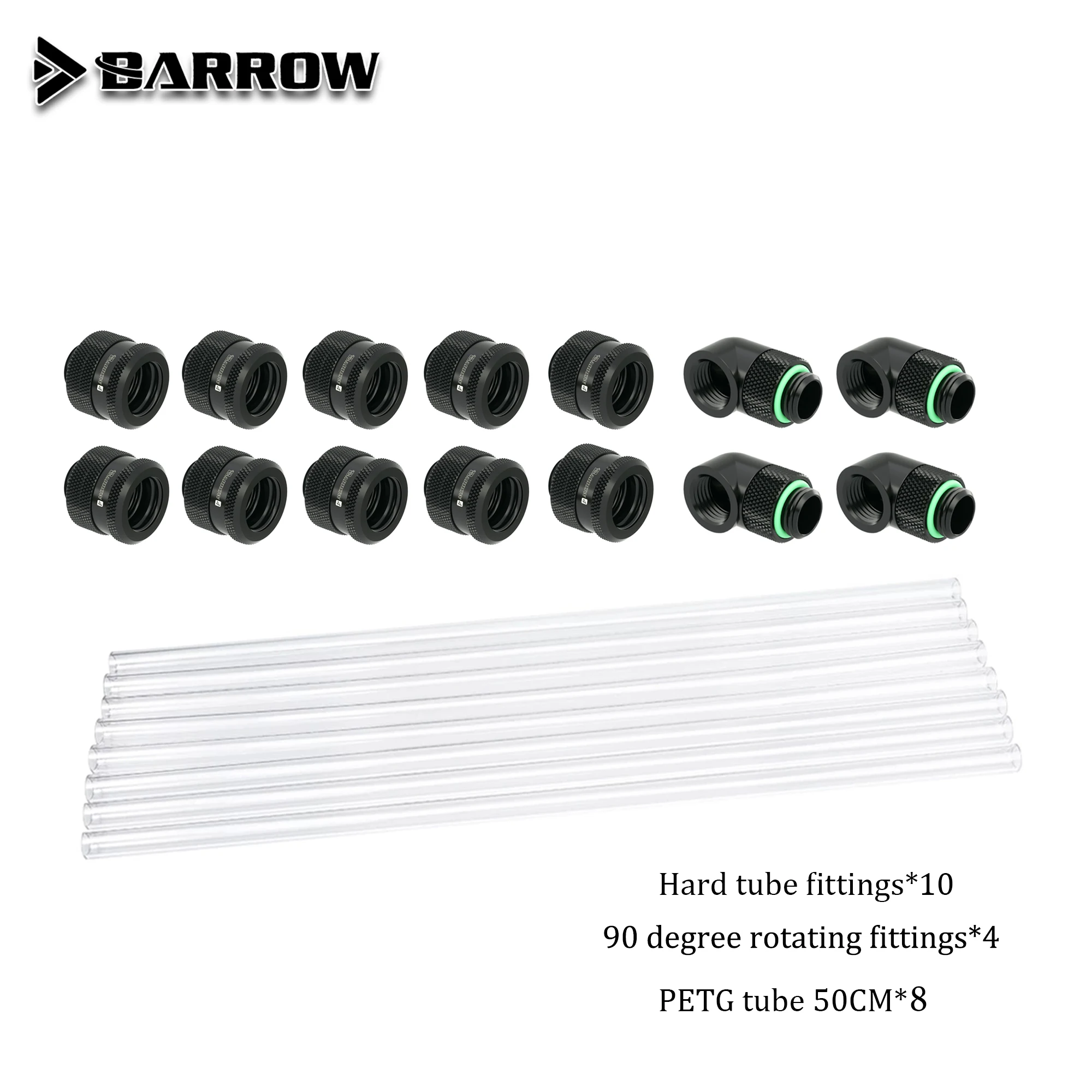 Barrow Computer Water Cooling Build PETG Hard Tube With Fittings ,Liquid Loop Kit Connector,8pcs x500mm Tube,OD12/14/16MM