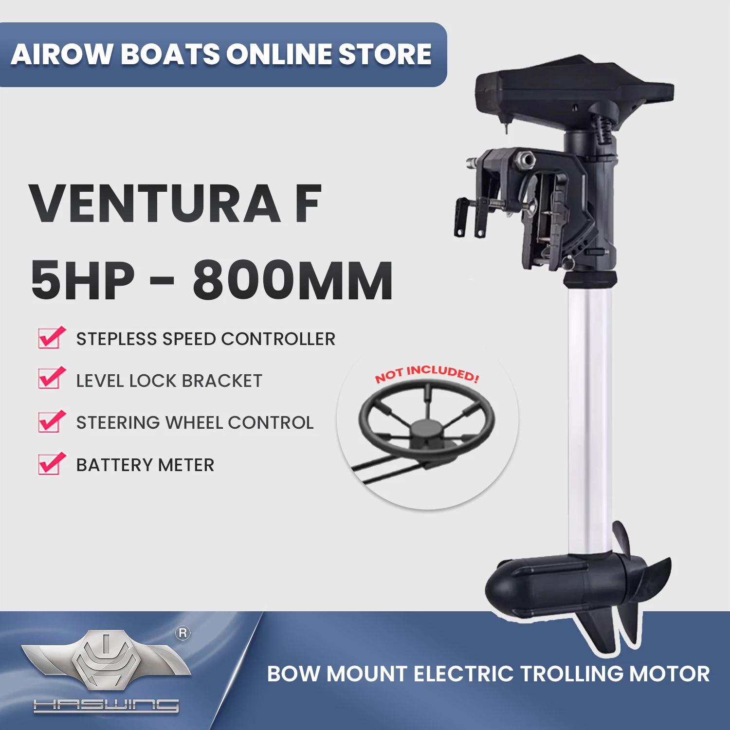 Haswing Ventura F Electric Trolling Motor Brushless 5HP Transom Mount 24V 50752 Steering Wheel Series Motor Shaft 800MM for Boat