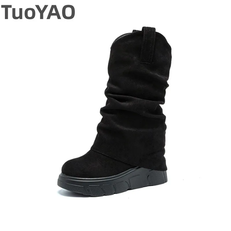 

10 см замшевые осенние женские высокие ботильоны из натуральной кожи, весенне-осенние женские ковбойские ботинки на платформе, женские ботильоны до колена