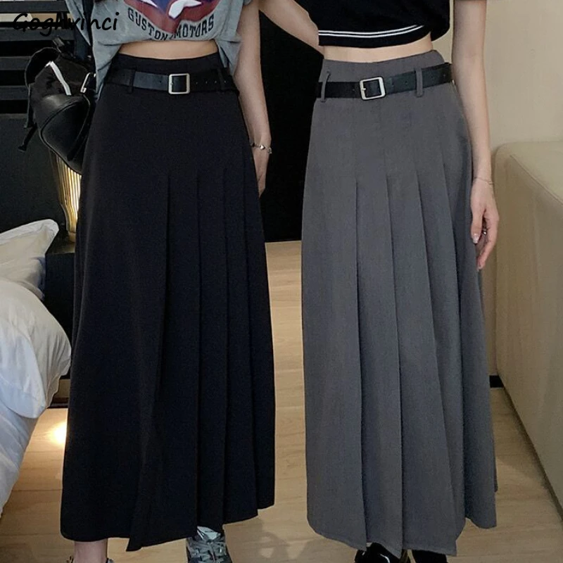 High Waist Pleated Skirts Women College Simple Trendy Japanese Style All-match Midi Leisure  Graceful Female Autumn Designer