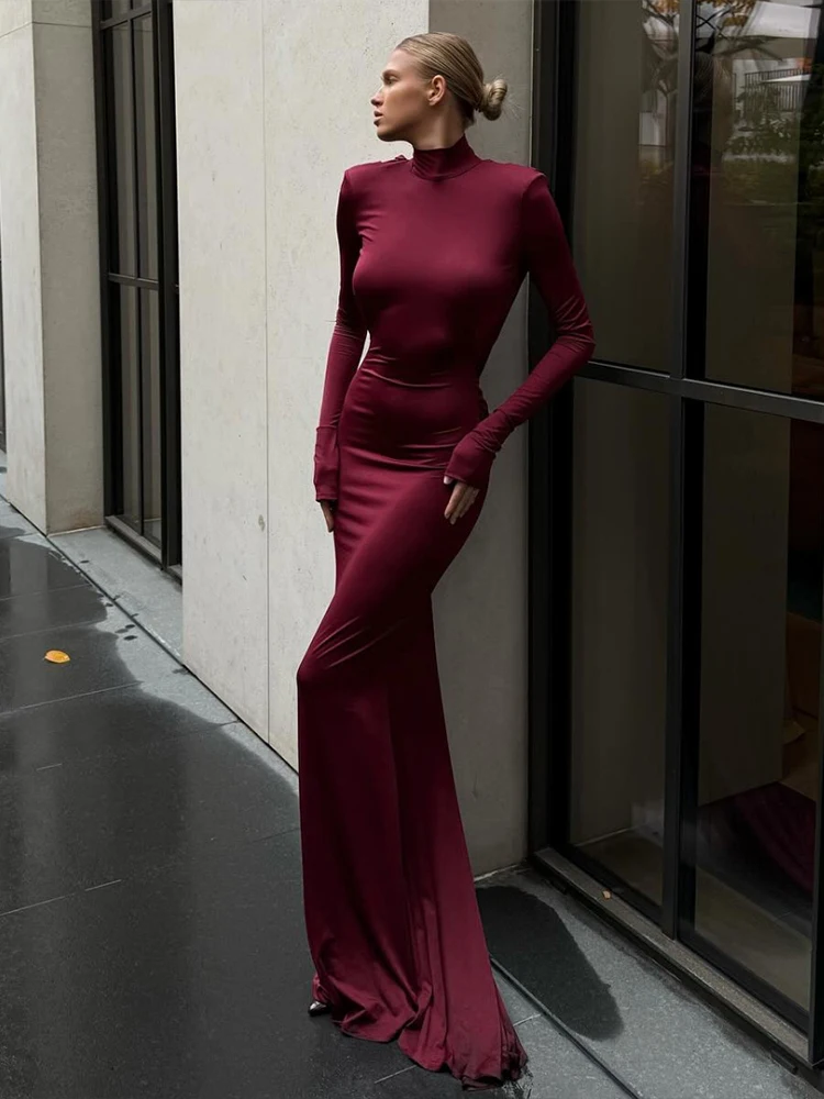 Estranho gato elegante sem costas vestido feminino manga cheia 2026 primavera tendência clássico sexy estiramento magro noite baile de formatura festa maxi bodycon