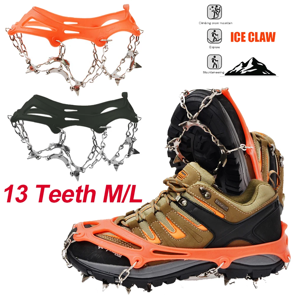 1 Pair 13 Teeth Ice Gripper Spike for Shoes Anti Slip Hiking Climbing Snow Spikes Crampons Cleats Chain Claws Grips Boots Cover