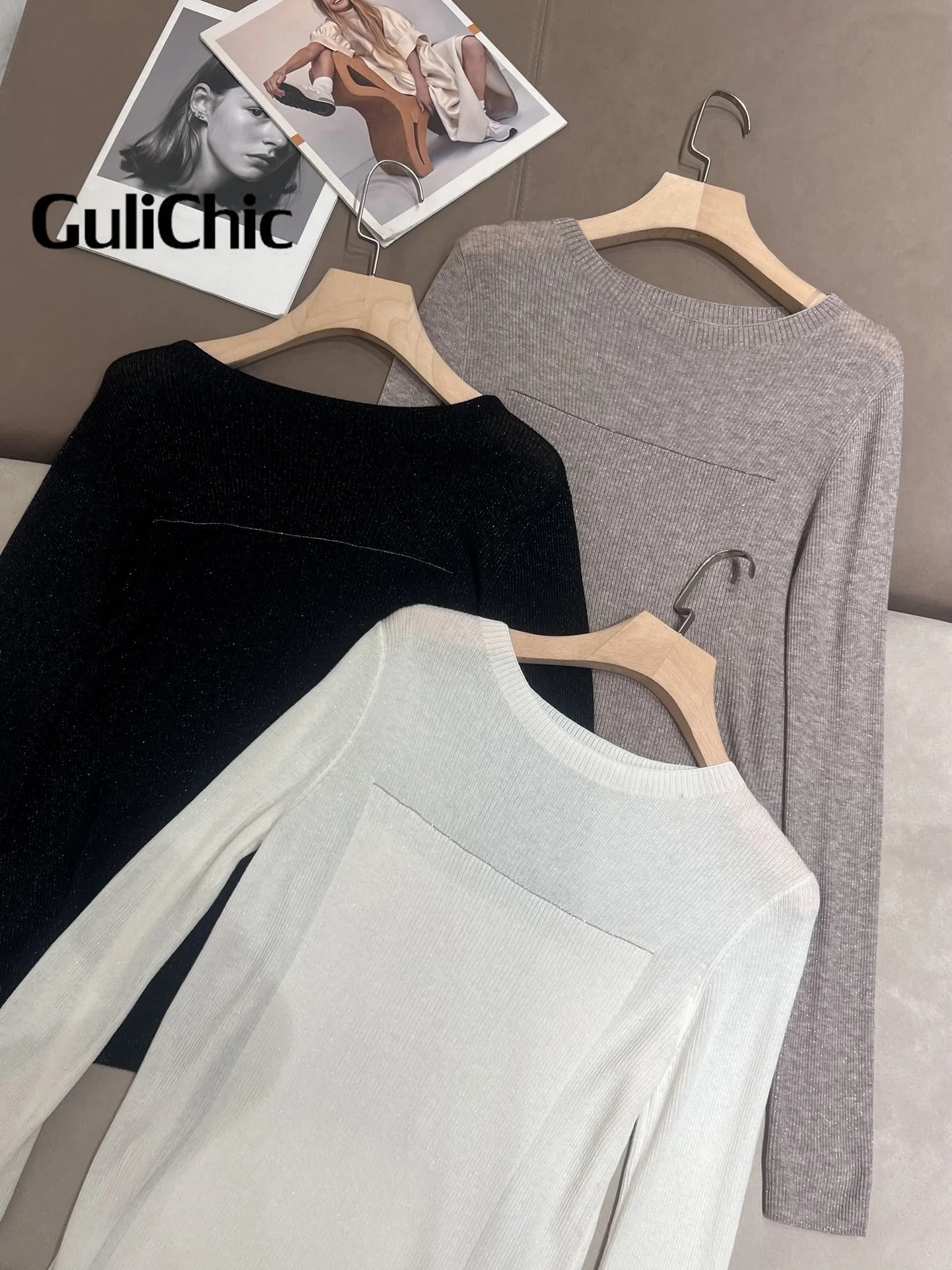 GuliChic-Pull Triblockchain à Perles Scintillantes pour Femme, Pullover Ultra-fin, Manches sulf, Base Décontractée, Tempérament Pit, JOY, 11.25