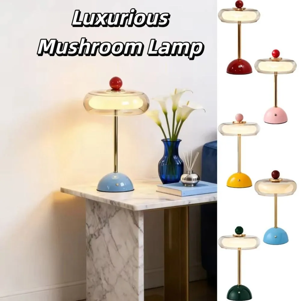 Dopamine Multi-Color Desk Lamp Vintage Rechargeable Bedside Lamp Touch Dimming Mushroom Design Night Light Bedroom