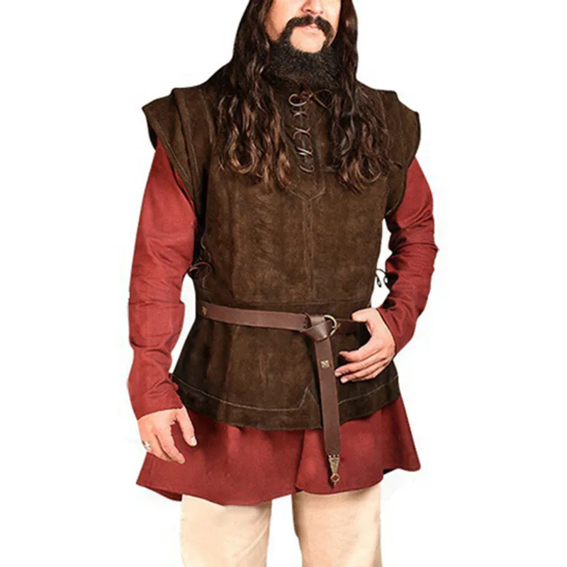 中世ゴシック騎士ラウンドネックベストハロウィンメンズステージパフォーマンスコスチュームpu素材エスニックファッション伝統的な中国服