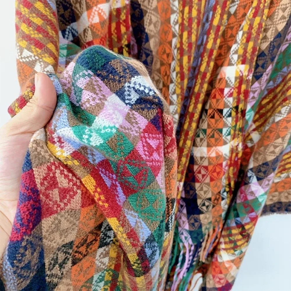 Fashion Bohemian Mongolian Poncho Ethnic Style Keep Warm Stripe Tassel Shawl Gradient Color Winter Knitted Cape for Women