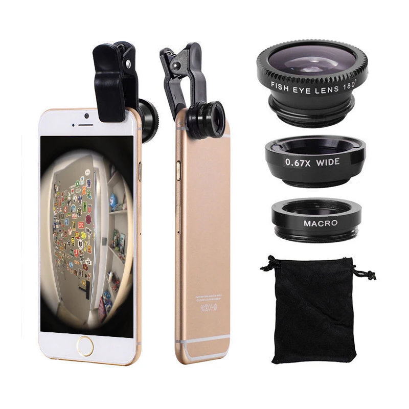 3in1 Fisheye Telefoon Lens 0.67x Groothoek Zoom Vis Oog Macro Lenzen Camera Kits Met Clip Lens Op De Telefoon Voor Smartphone