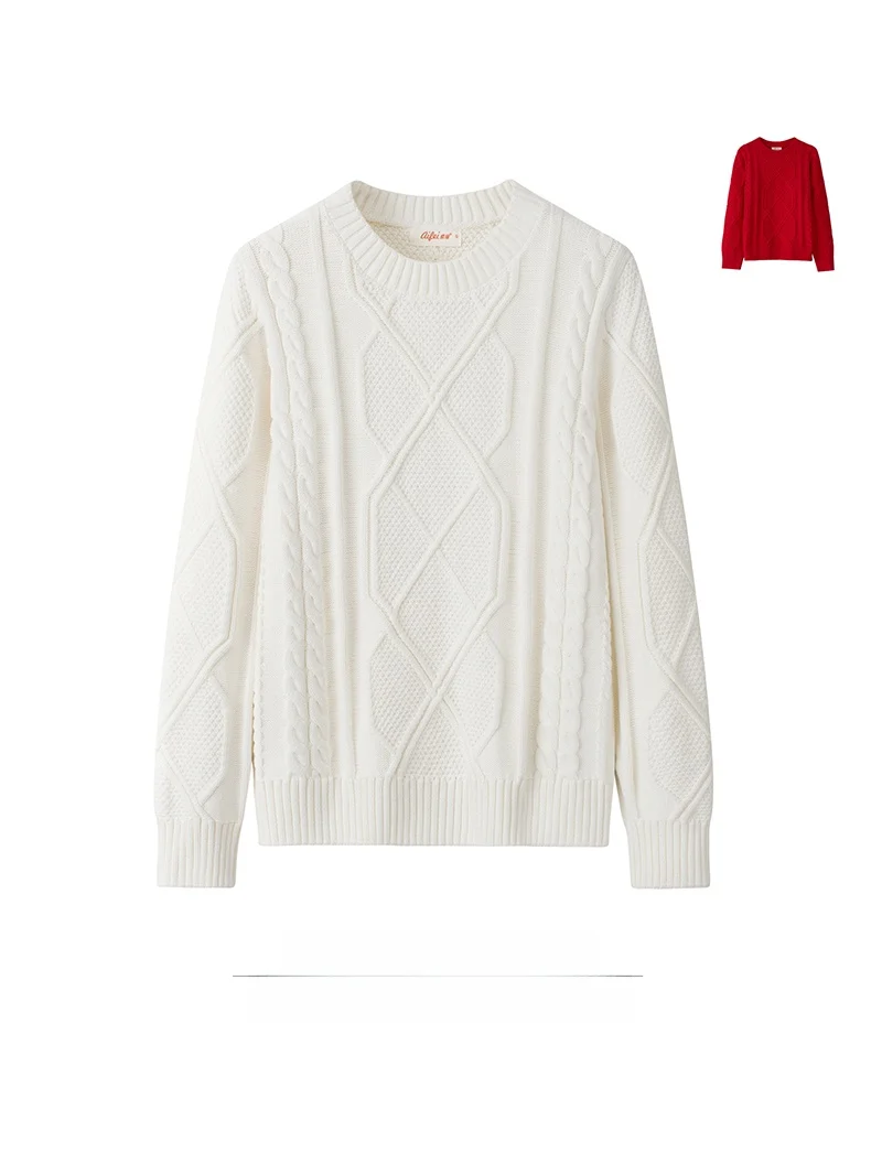 

00% Pure Cotton Knitted Sweater with Twist for Men And Women Loose round Ne Pullover for Autumn Winter Versatile Couple Sle