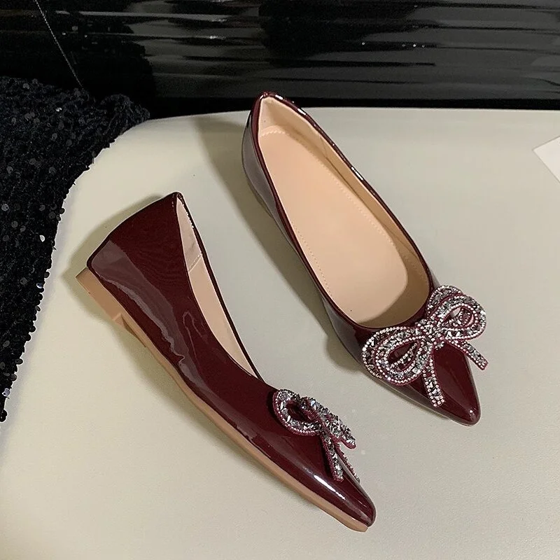 

Glitter Metal Bowknot Flat Shoes Woman Pointed Toe Japanned Leather Ballet Flats Crystal Bow Wedding Shoes for Woman