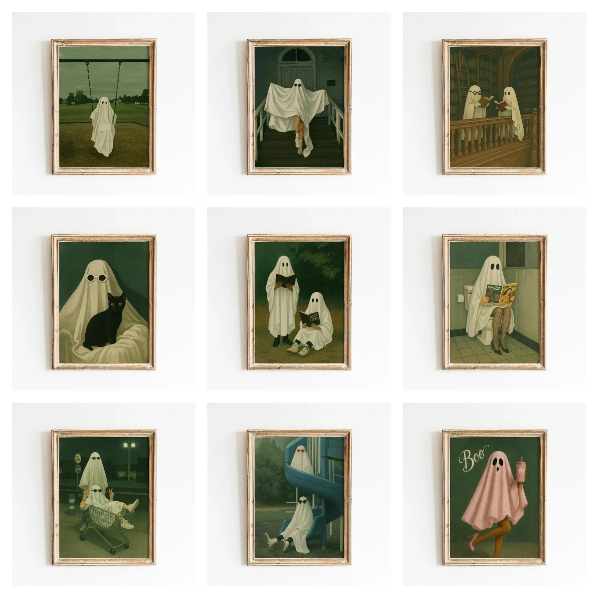 Lonely Ghost on Swing Canvas Prints Spooky Minimalist Wall Art Poster Unframed Green Background Ghost Poster for Bedroom Decor