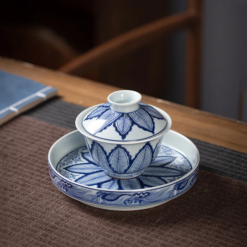 High Quality Jingdezhen Antique Mud Green Japanese Banana Leaf Cover Teacup Single High-End Household Porcelain Bowl