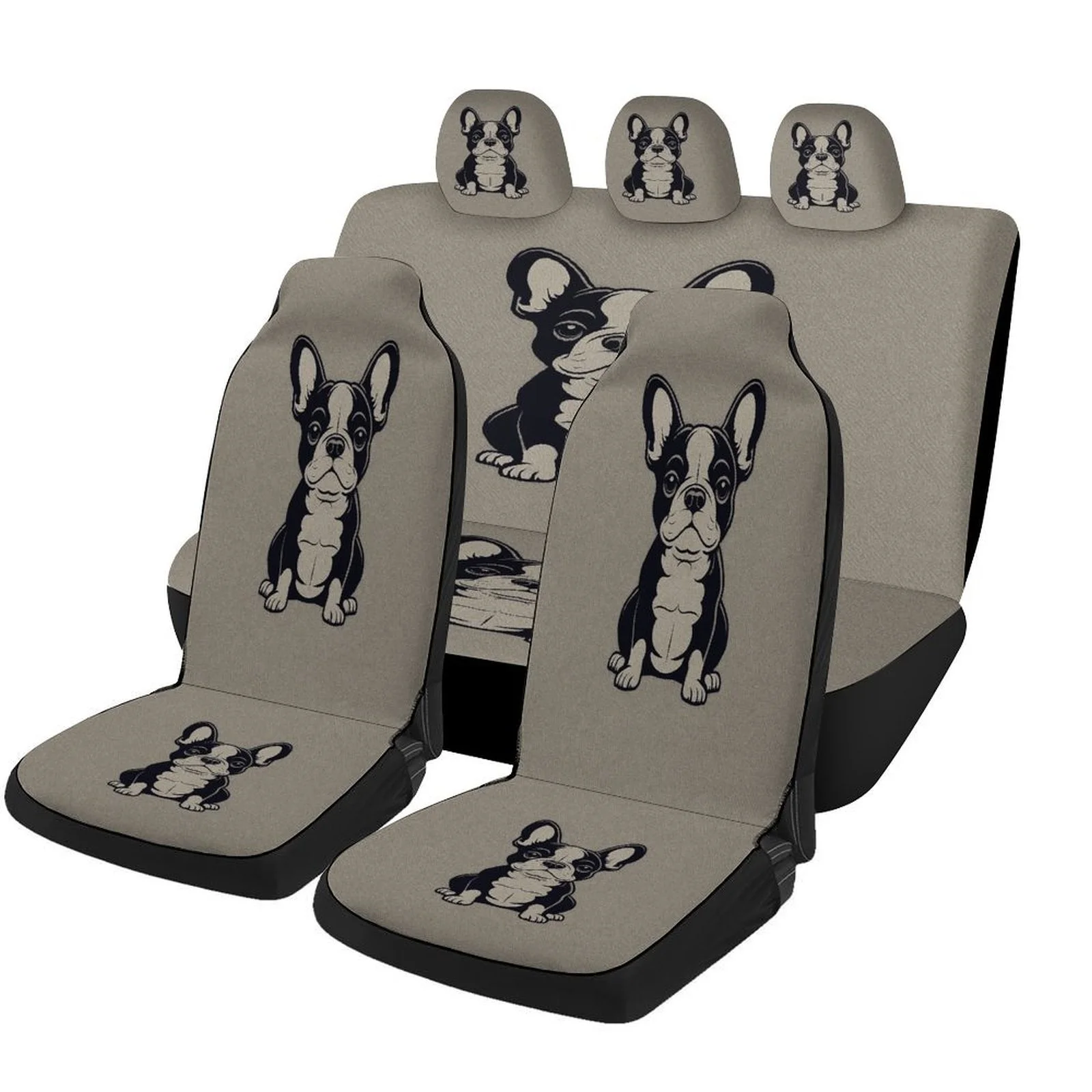 French Bulldog Designed Car Seat Covers Set | Trendy Breathable Decorative Seat Protectors For 2 Front And Rear Seats, Universal
