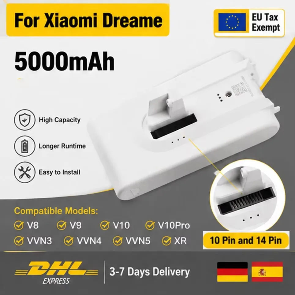 Accessoires pour aspirateur sans fil portatif de haute qualité V8 V10Pro V9P XR VVN3 VVN5, batterie de remplacement 5000mAh Lithium-ion, compatible avec l'aspirateur Xiaomi