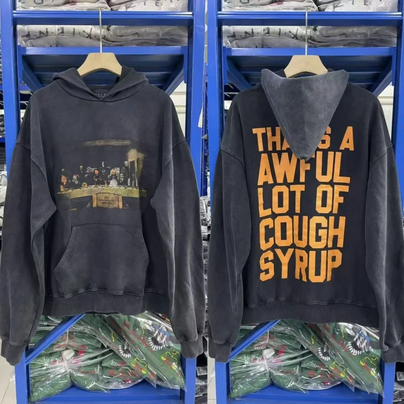 

25SSFalse Perceptions, пародия с персонажем ужасов в стиле ретро, хип-хоп, свободная посадка, мужская и женская толстовка с капюшоном и потертой отделкой