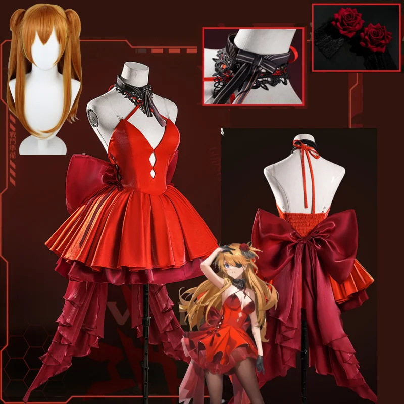 Diosa de la Victoria: Disfraz de Cosplay de NIKKE X Asuka, Uniforme Rojo, Vestido Formal con Lazo Grande, Gargantilla de Encaje y Peluca para Fiesta de Halloween