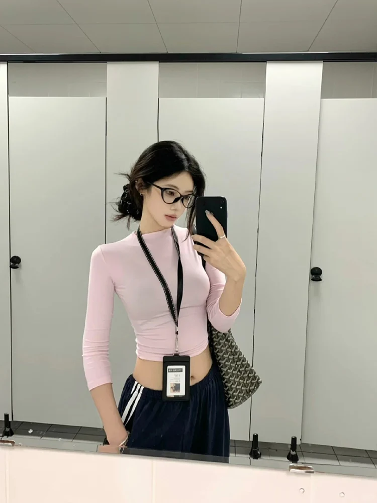 Sexy Pink Slim Fit ort Sve T-irt Women's Summer High Collar Tight Waist ort Length Bodycon Cotton Polyester Blend