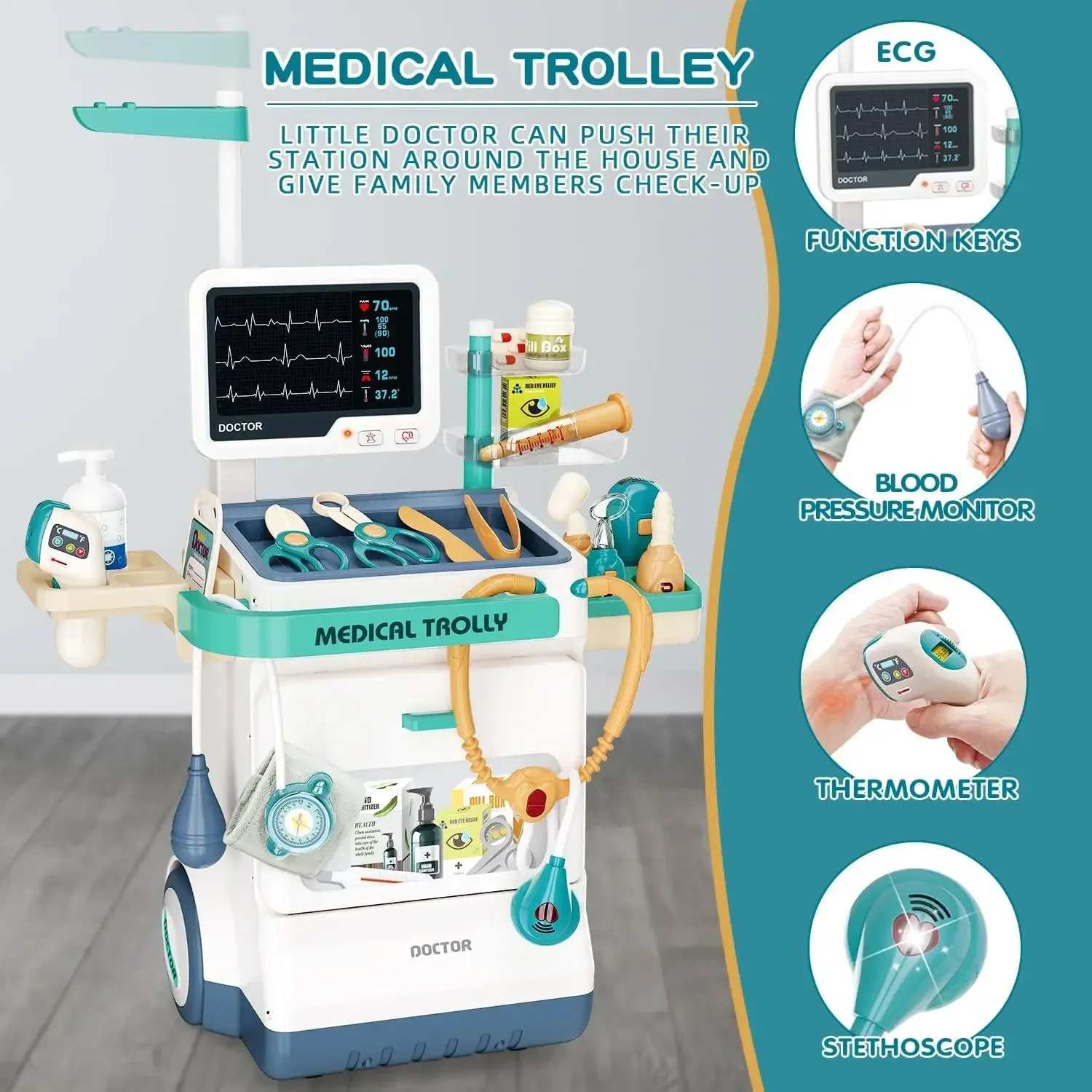 Kit médico, carrito de estación médica móvil con estetoscopio de inyección, herramienta hospitalaria, juguete de juego de rol para médico, regalos de cumpleaños y Navidad para niños