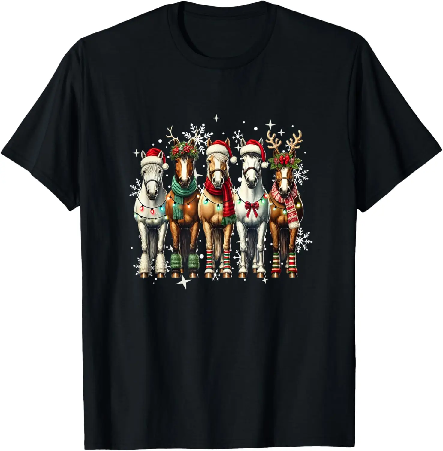 

Funny Christmas Horses Graphic Tee Festive Equine Winter Scene T-Shirt Unisex Cotton Casual Trip Wear