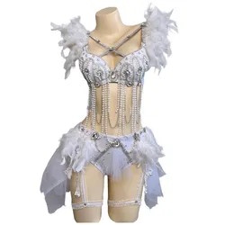 Women DJ Dancer Nightclub Sexy Pole Dance Costume White Feather Beading Bikini Rave Outfit Electric Music Festival Clothing