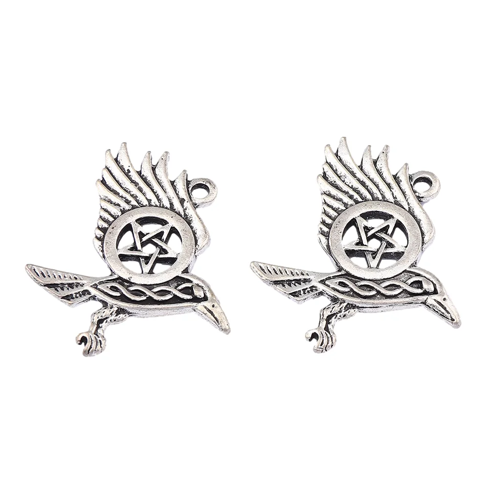 

ZXZ 10pcs Antique Silver Viking Pentacle Round Bird Crow Charms Pendants For DIY Necklace Jewelry Making Findings