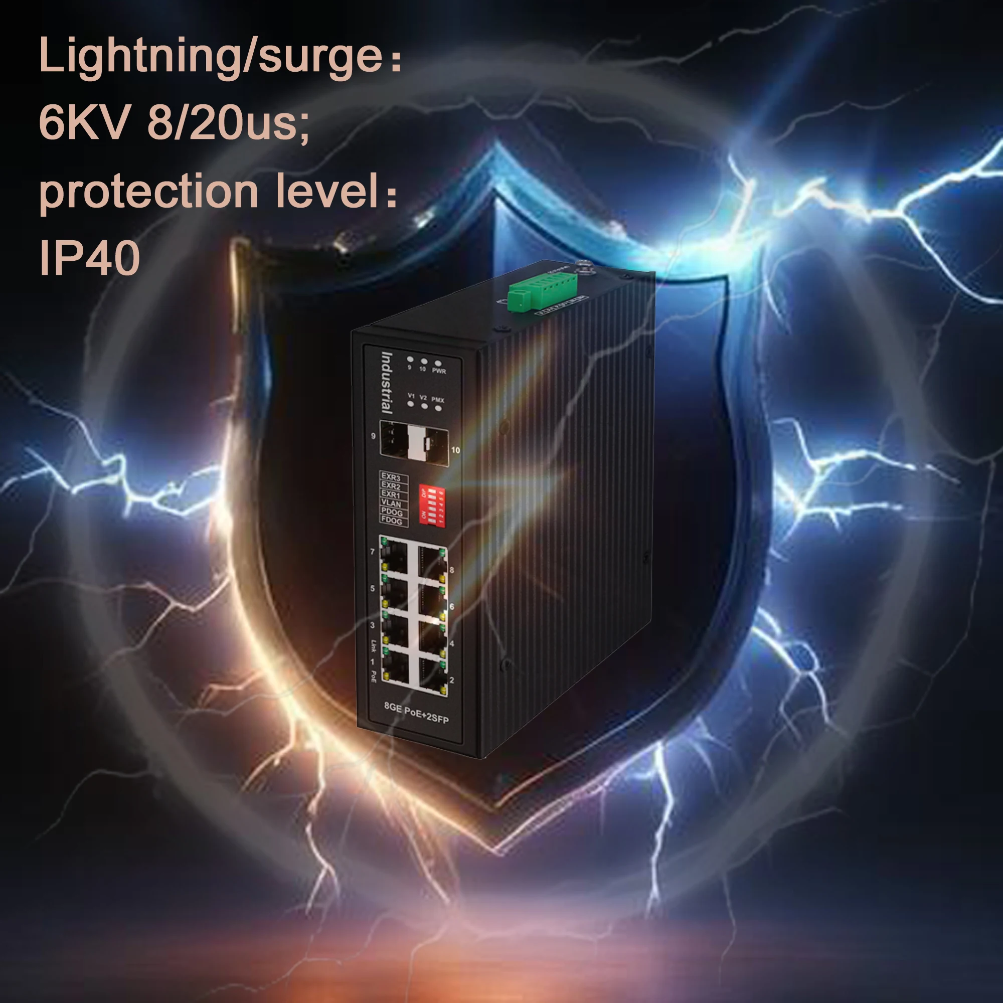 Full gigabit 8 ports industrial ethernet switch with 2 ports sfp,6kv surge protection,48-57/12-57V dc in