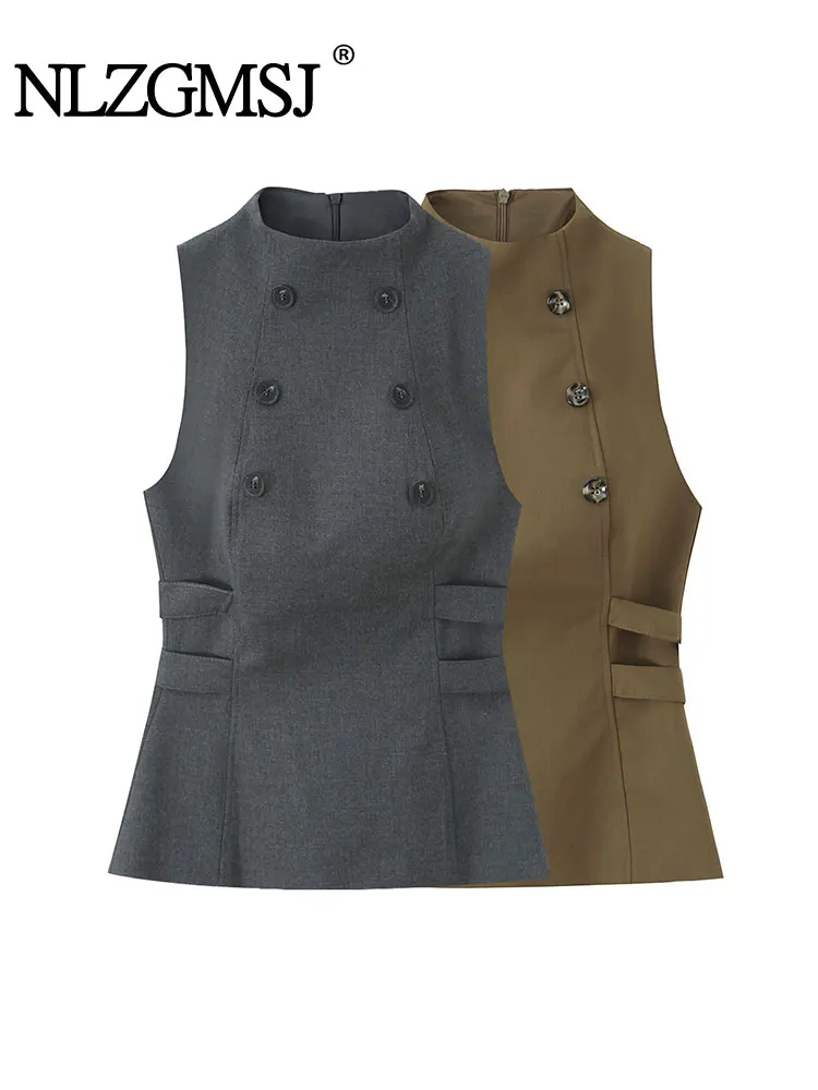 

NLZGMSJ Women 2025 Autumn Winter Vests New Fashion Double Breasted Solid Elegant Office Lady Waistcoats Temperament Tops Sleevel