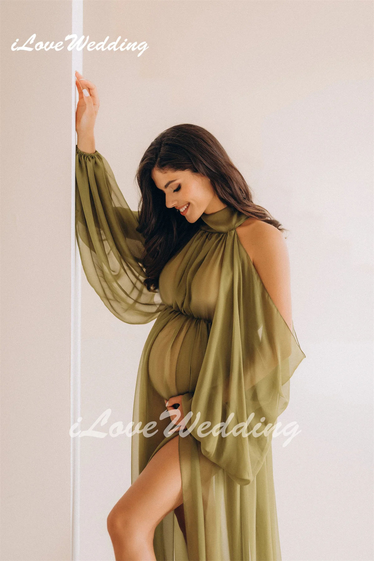 Elegant Chiffon Maternity Dresses Halter Neck Summer Casual Boho Long Loose Sleeves Photography Dress Side Slit Photoshoot Gowns