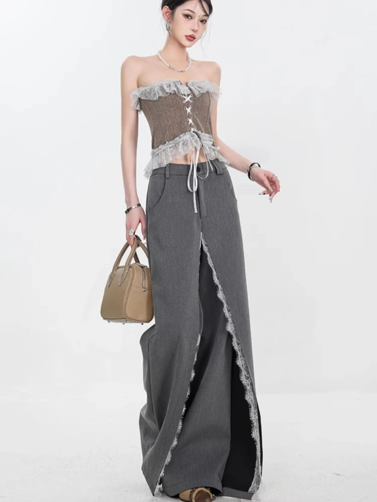 Japanese Y2K hot girl retro gray lace patchwork suit pants autumn loose casual wide leg pants long pants millennium style